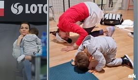 Agnieszka Radwanska's son stretches with World No. 1 Iga Swiatek at the Billie Jean King Cup