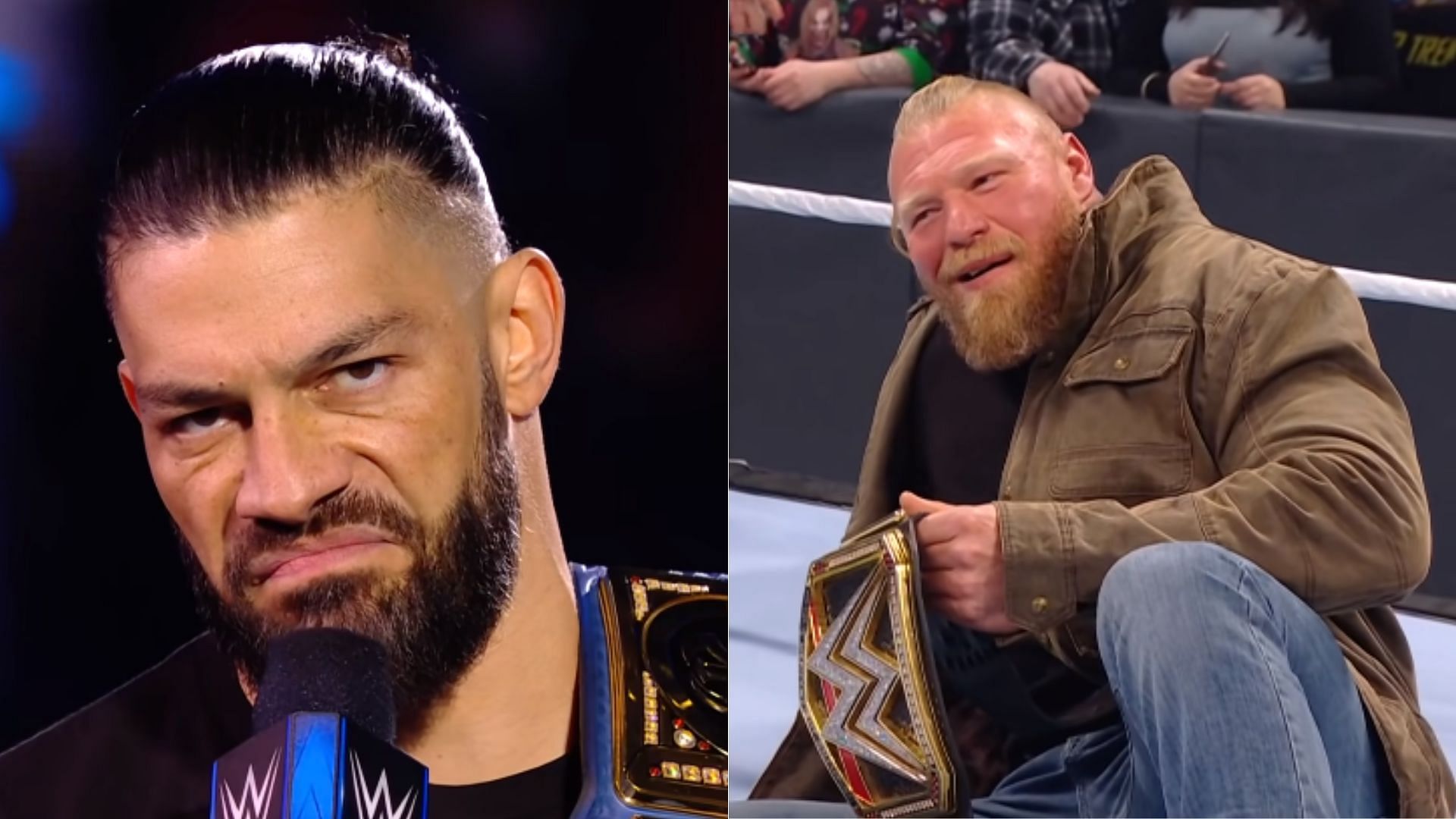 Roman Reigns (left); Brock Lesnar (right)
