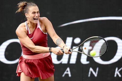 Aryna Sabalenka hits a backhand against Alison Riske in the Charleston Open.