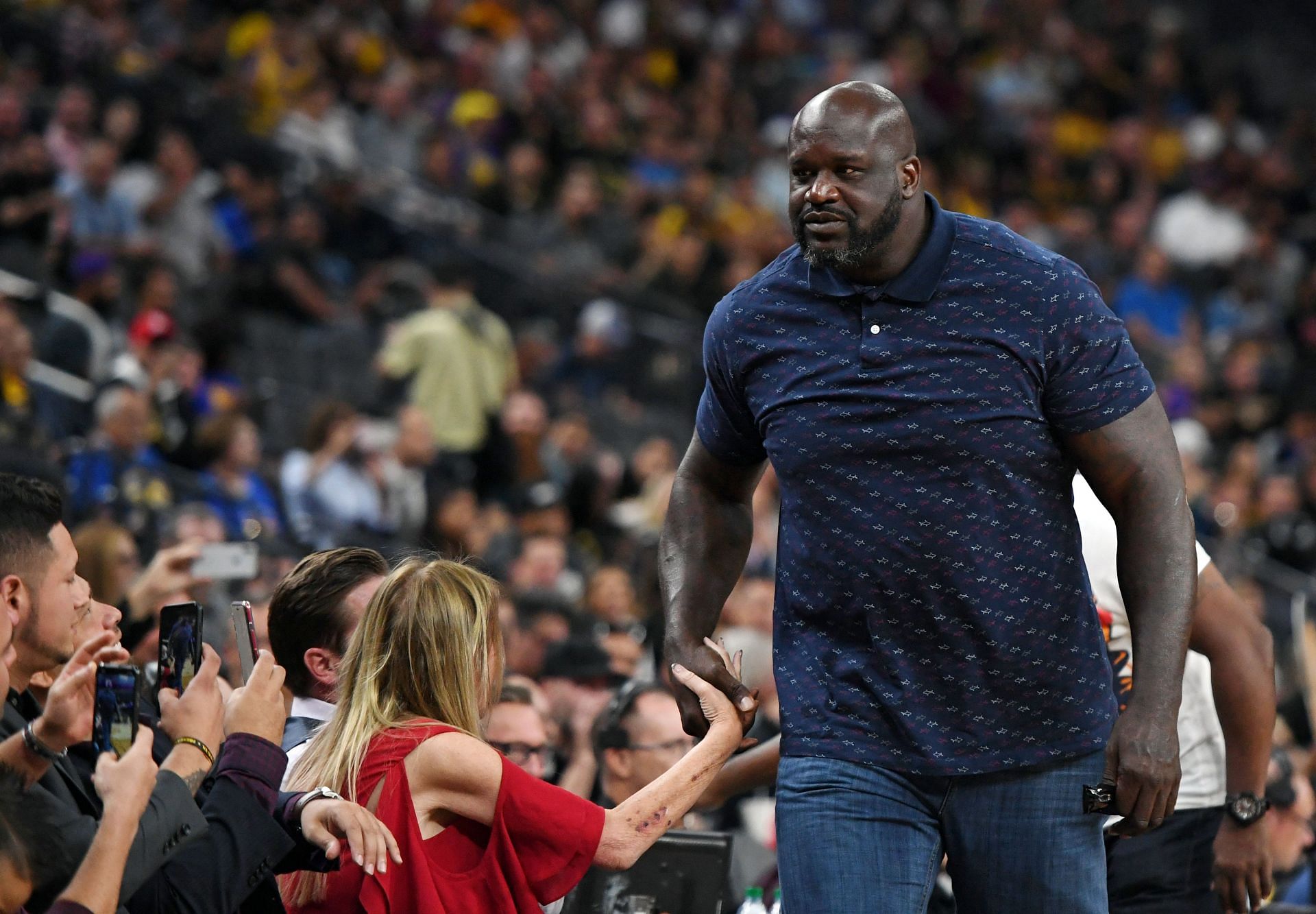 NBA analyst Shaquille O&#039;Neal arrives at a preseason game between the Golden State Warriors and the Los Angeles Lakers at T-Mobile Arena on October 10, 2018 in Las Vegas, Nevada. The Lakers defeated the Warriors 123-113.