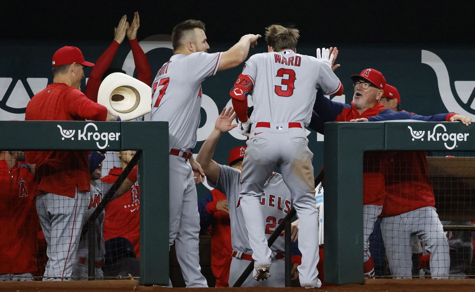 Los Angeles Angels celebrate a home run by Taylor Ward (3)