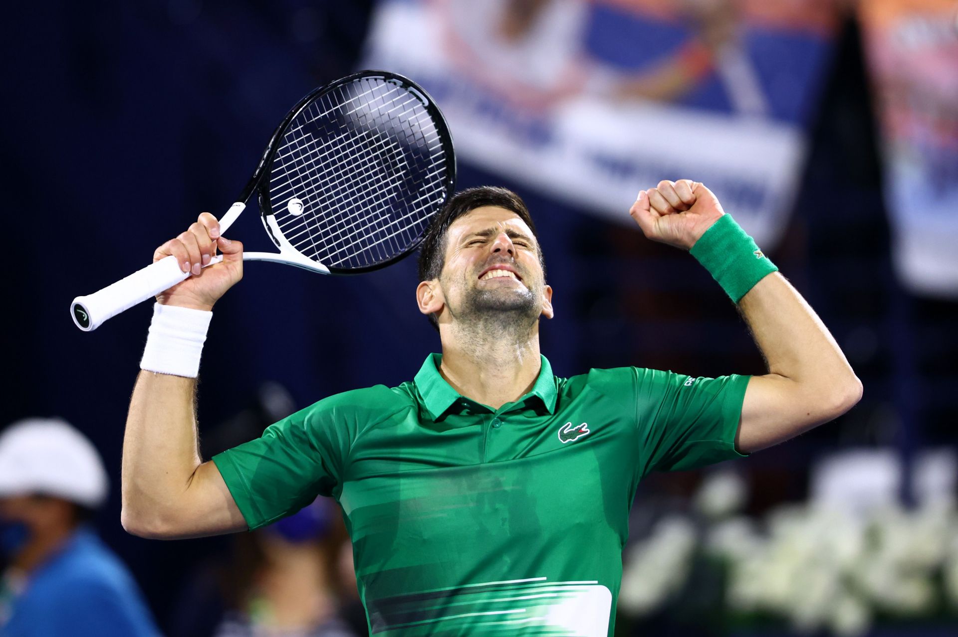 Djokovic celebrates victory against Lorenzo Musetti in Dubai