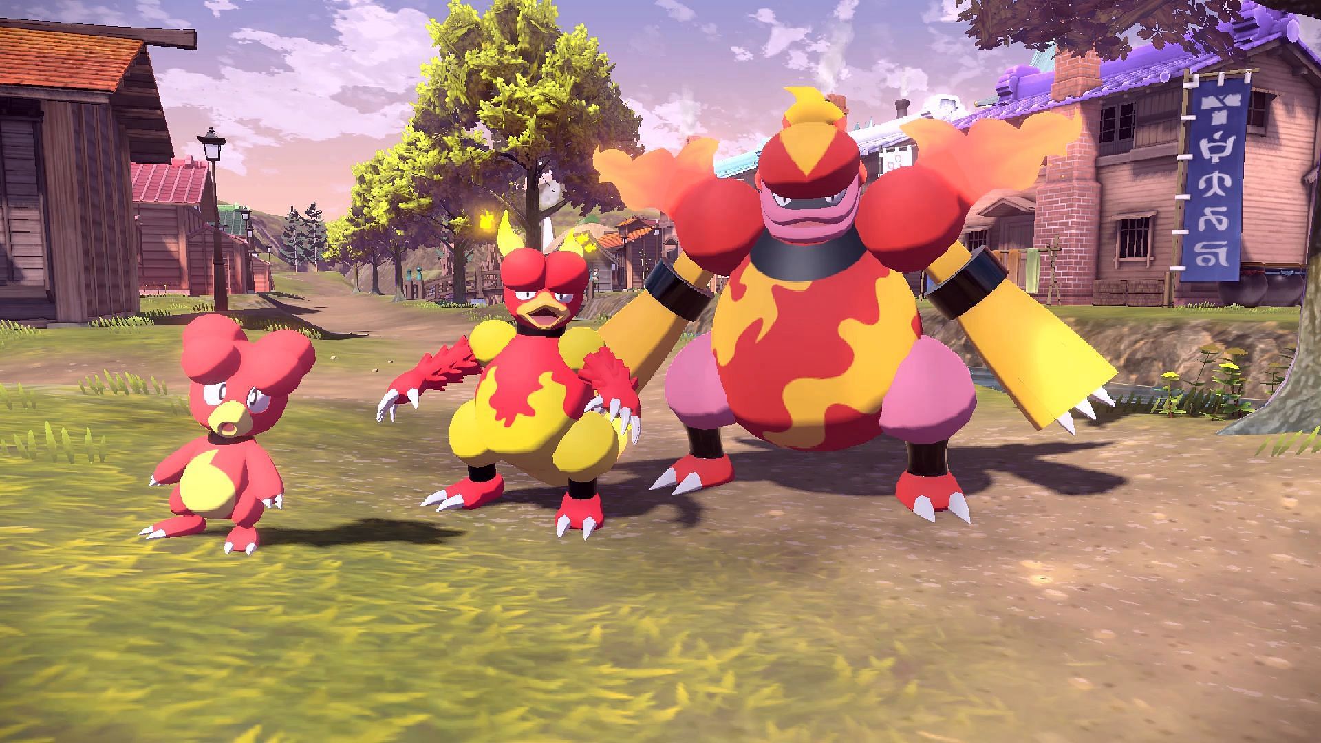 Magby, Magmar, and Magmortar as they appear in Pokemon Legends: Arceus (Image via The Pokemon Company/IGN)
