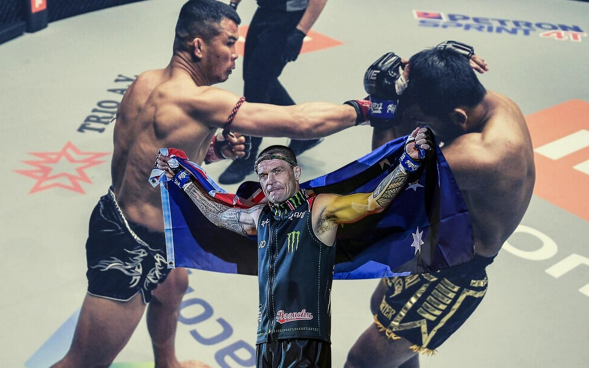 John Wayne Parr (insert) shows some love for ONE bantamweight Muay Thai champ Nong-O&#039;s masterful KO. (Images courtesy of ONE Championship)