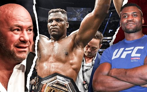 Dana White (left), Francis Ngannou receiving the belt from Mick Maynard (center)