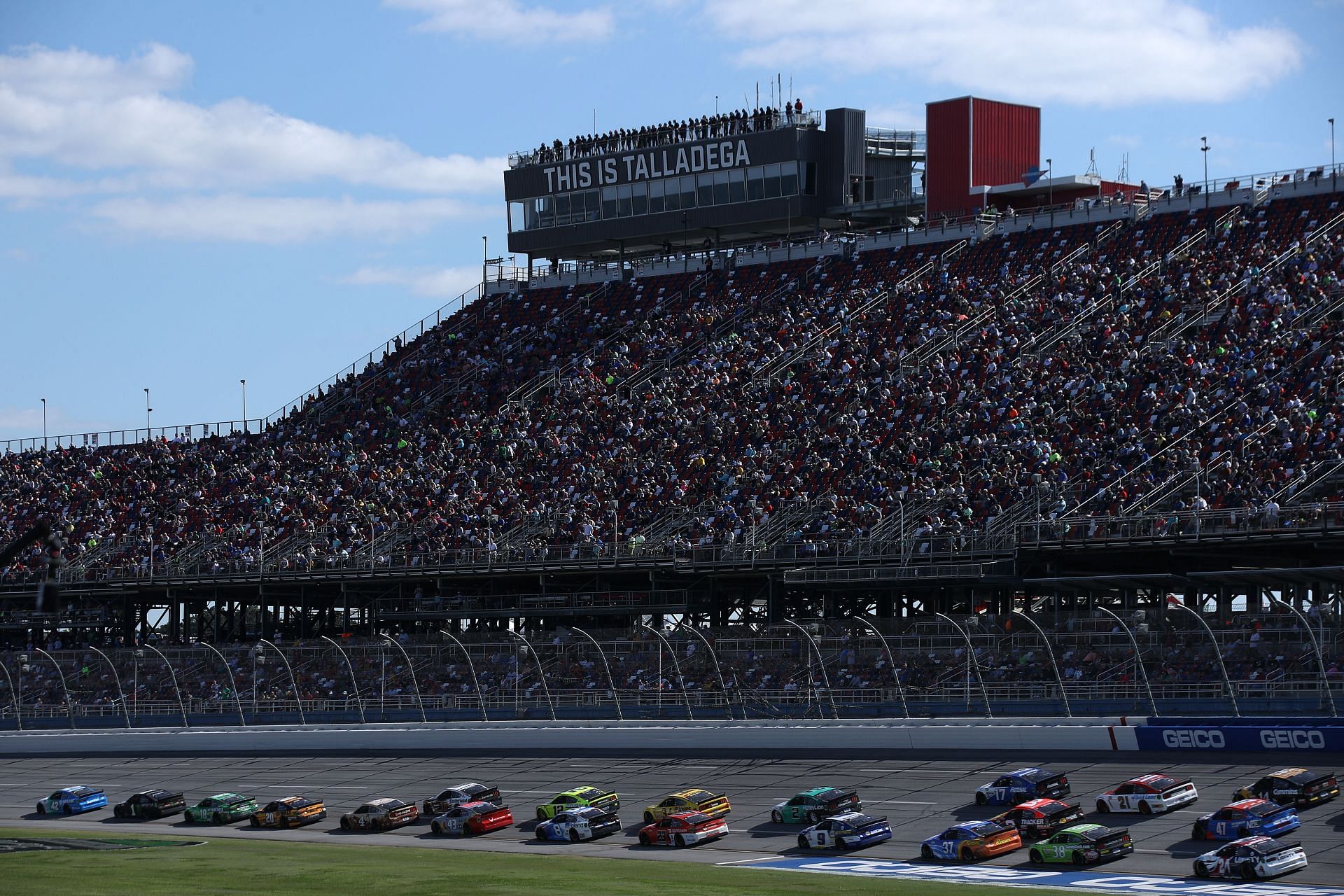 Cars race during the NASCAR Cup Series GEICO 500 at Talladega Superspeedway (Photo by Sean Gardner/Getty Images)