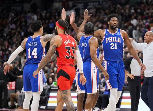 Philadelphia 76ers v Toronto Raptors; James Harden and Joel Embiid celebrate