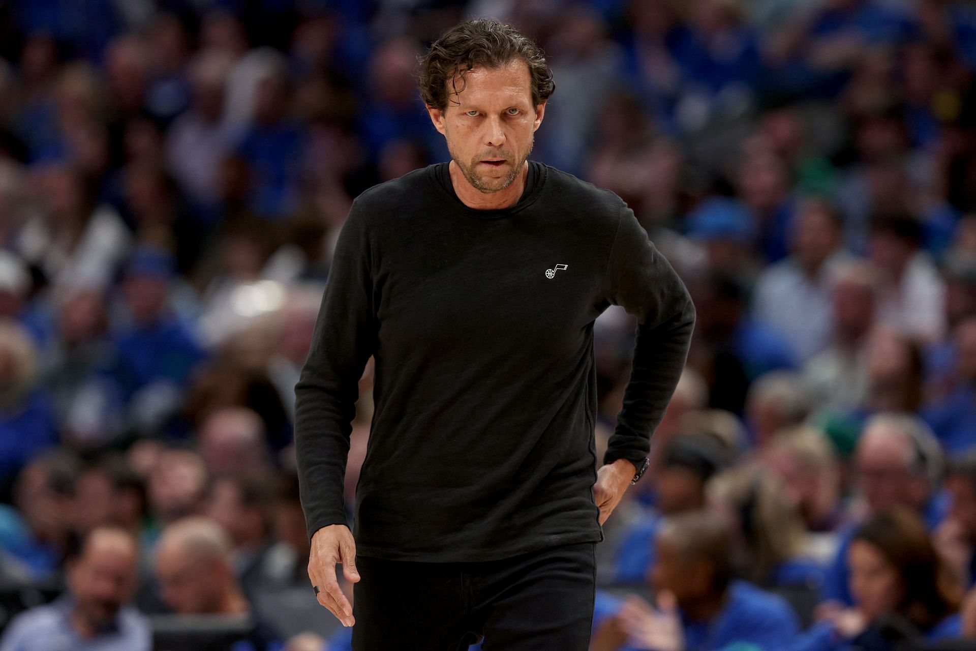 Coach Quin Snyder reacts as the Utah Jazz take on the Dallas Mavericks in Game 1 of their Western Conference first-round playoffs series at American Airlines Center on April 16 in Dallas, Texas.