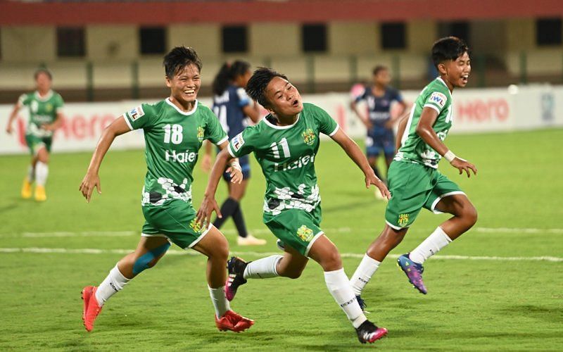 Kickstart FC players celebrating their goal against Odisha Sports. (Image Courtesy: Twitter/IndianFootball)