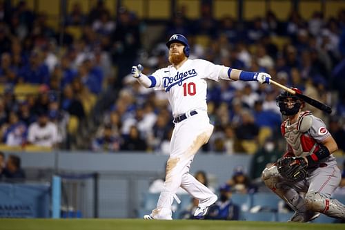 Justin Turner bats during last night's Cincinnati Reds v Dodgers game