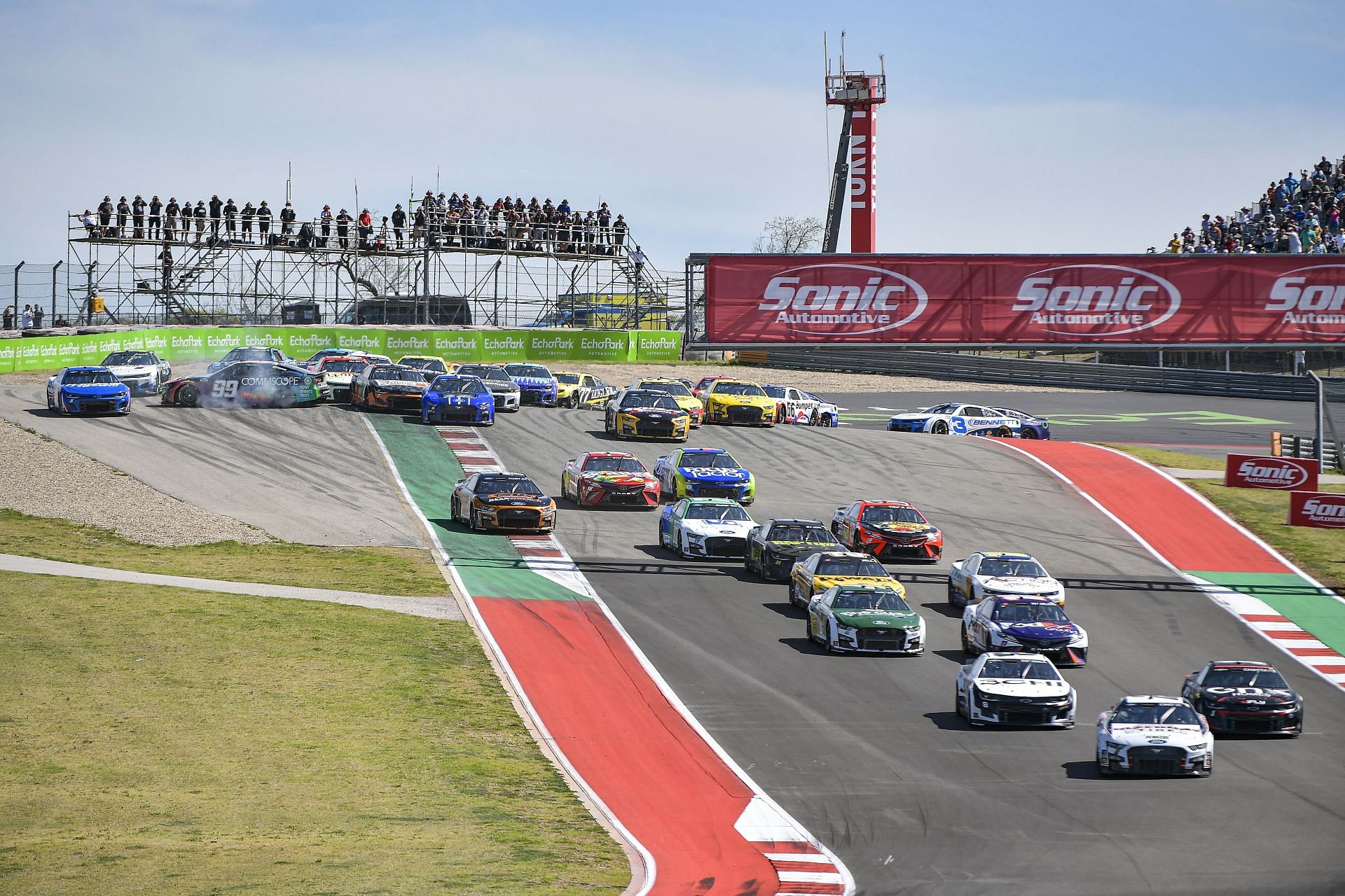 Daniel Suarez in the No. 99 CommScope Chevrolet spins during the 2022 NASCAR Cup Series Echopark Automotive Grand Prix at Circuit of The Americas in Austin, Texas. (Photo by Logan Riely/Getty Images)
