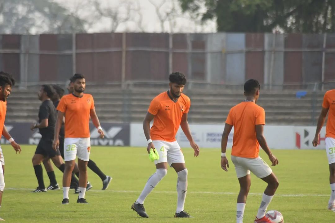 Gokulam Kerala FC players during their warm-up before the match against Sudeva Delhi FC (Image Courtesy: I-League)