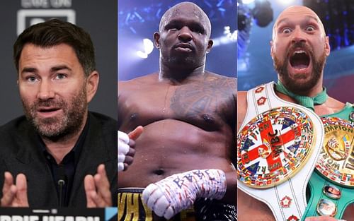 (From left to right) Eddie Hearn, Dillian Whyte, and Tyson Fury