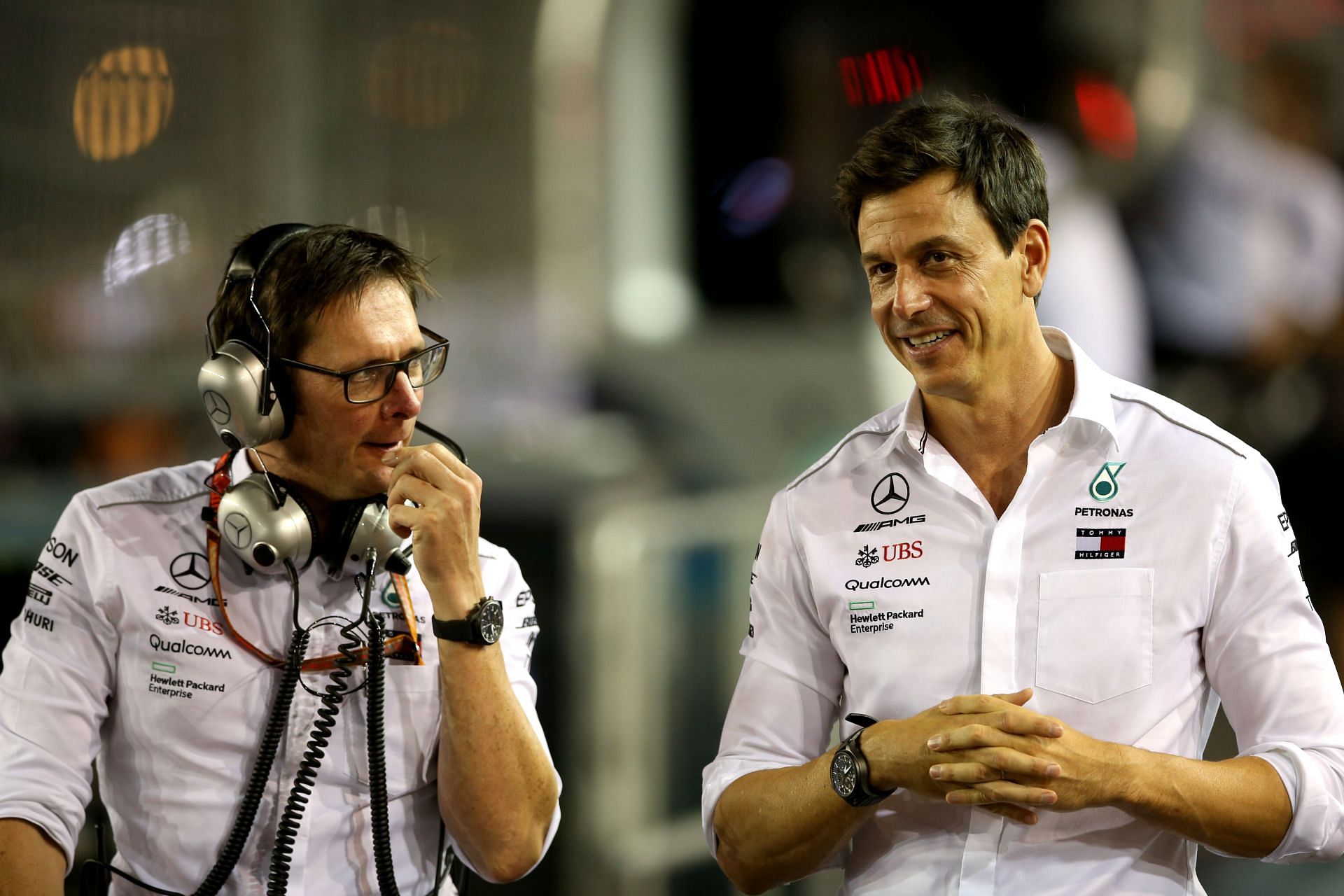 Mercedes GP Executive Director Toto Wolff and engineer Andrew Shovlin talk in the Pitlane in Singapore. (Photo by Charles Coates/Getty Images)