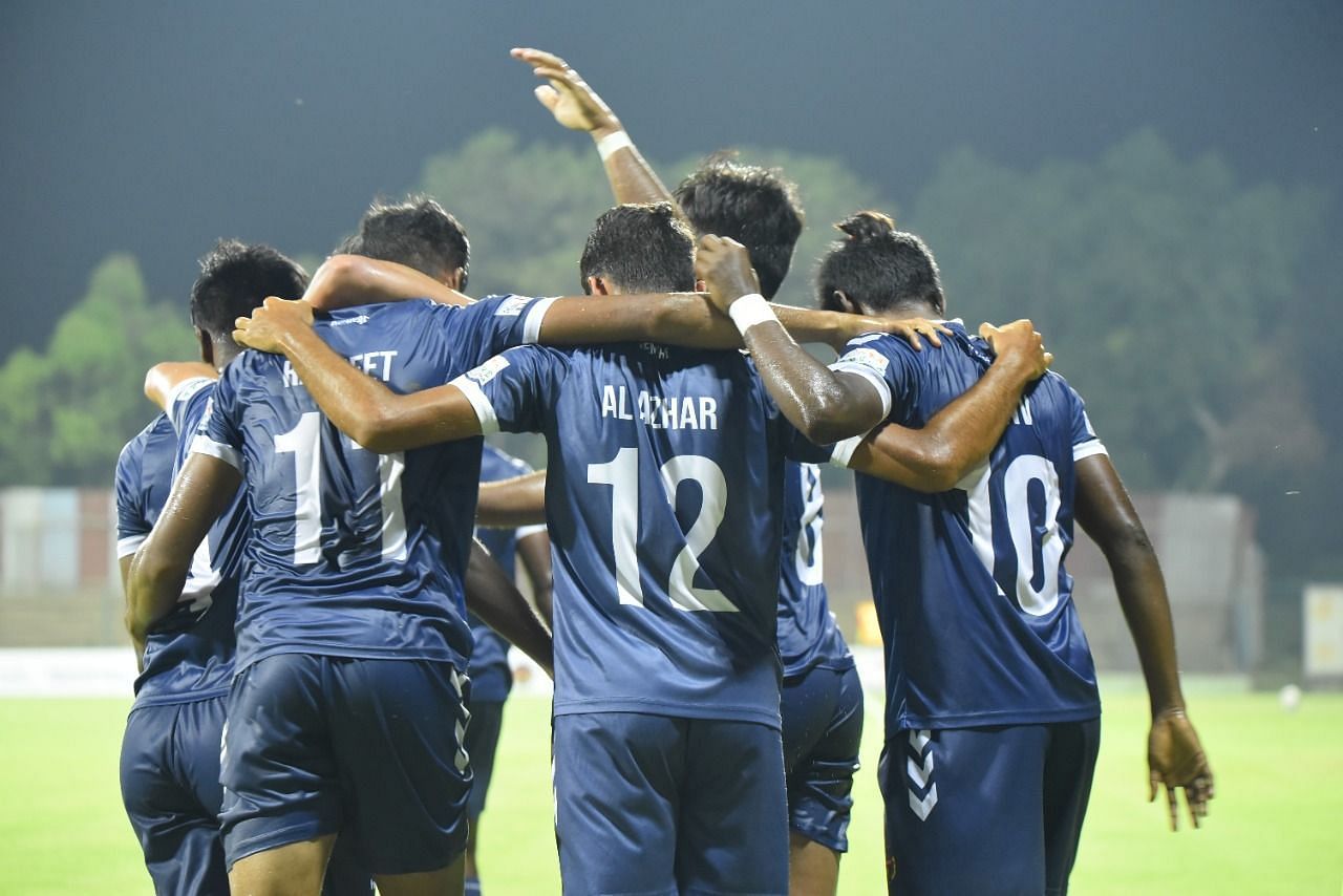 Kenkre FC players celebrate their first victory in the I-League. (Image Courtesy: Twitter/ILeagueOfficial)