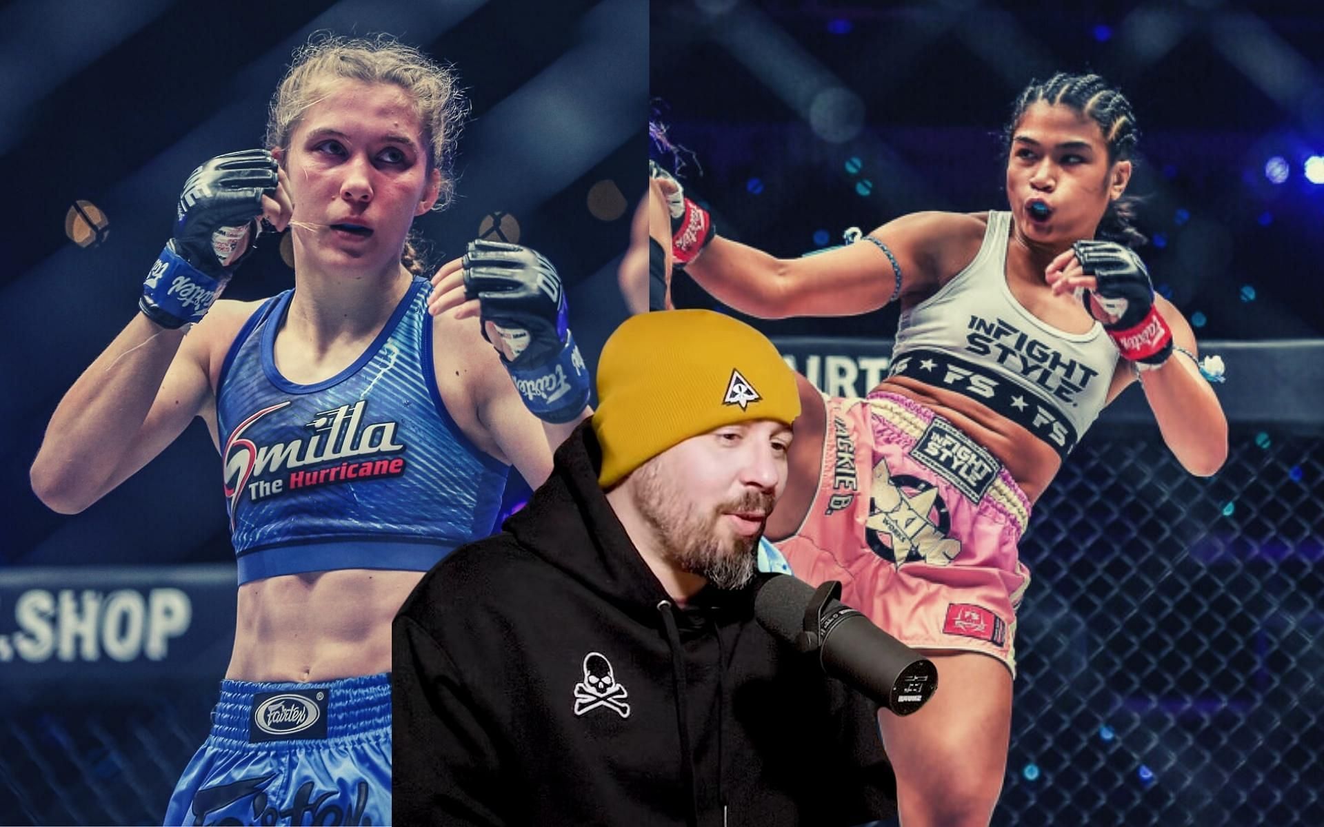 Dan Hardy (center) breaks down Smilla Sundell (left) vs. Jackie Buntan (right). (Images courtesy: ONE Championship, Full Reptile&#039;s YouTube Channel)