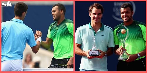 Jo-Wilfried Tsonga (in green) with Novak Djokovic (L) & Roger Federer (R)