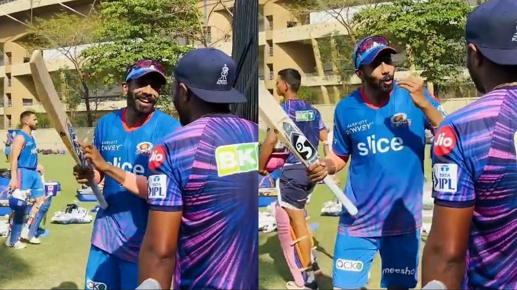 Jasprit Bumrah and Sanju Samson had a hilarious interaction during the practice session (Image Courtesy: Rajasthan Royals)