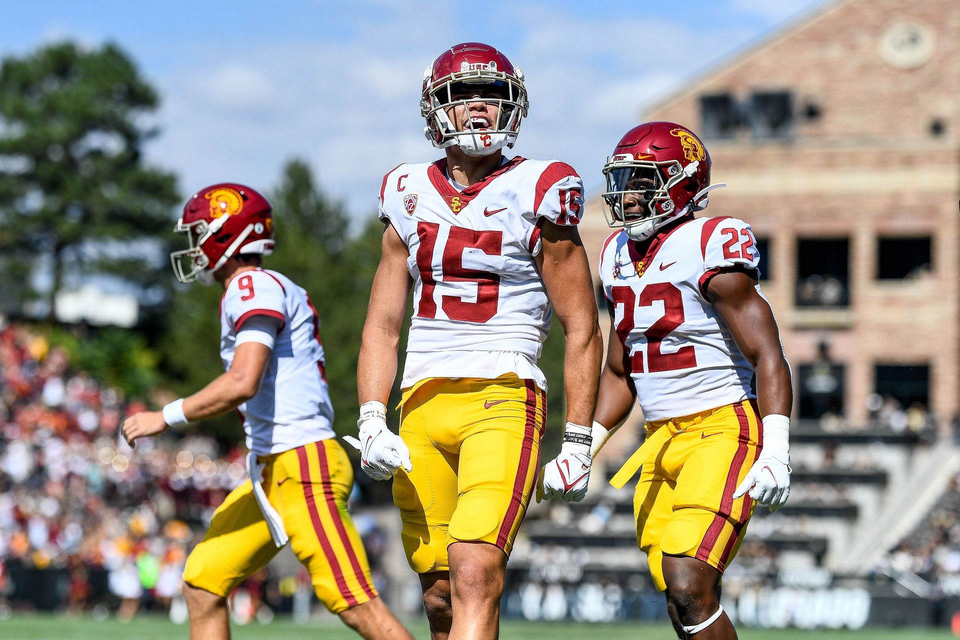 Wide receiver Drake London #15 of the USC Trojans celebrates after a first quarter touchdown catch against the Colorado Buffaloes at Folsom Field on October 2, 2021 in Boulder, Colorado.