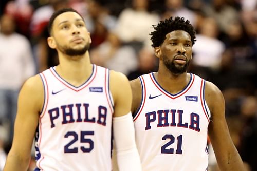 Ben Simmons (25) and Joel Embiid of the Philadelphia 76ers look on in against the Washington Wizards on January 9, 2019, in Washington, DC.