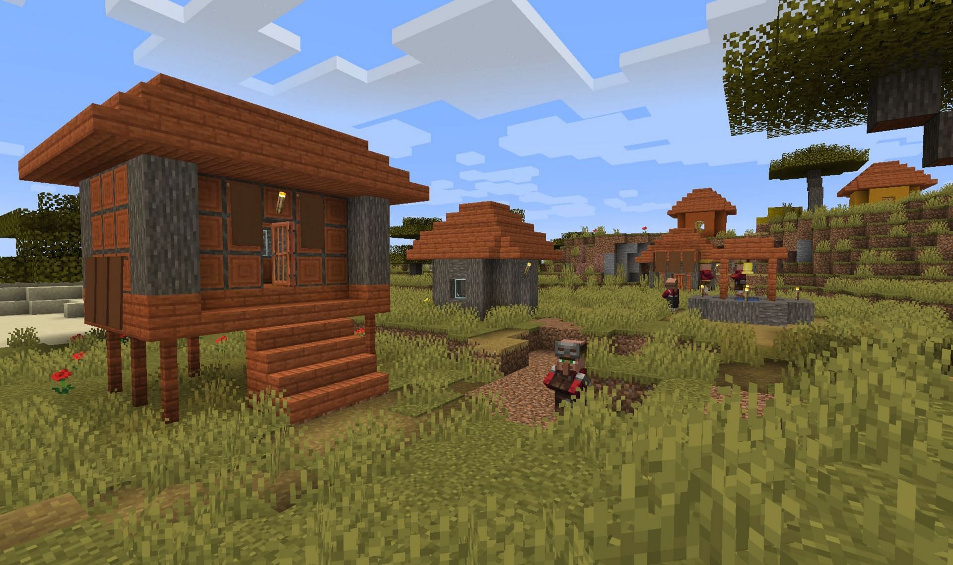 A savannah village makes for a unique and helpful spawning location (Image via Mojang)