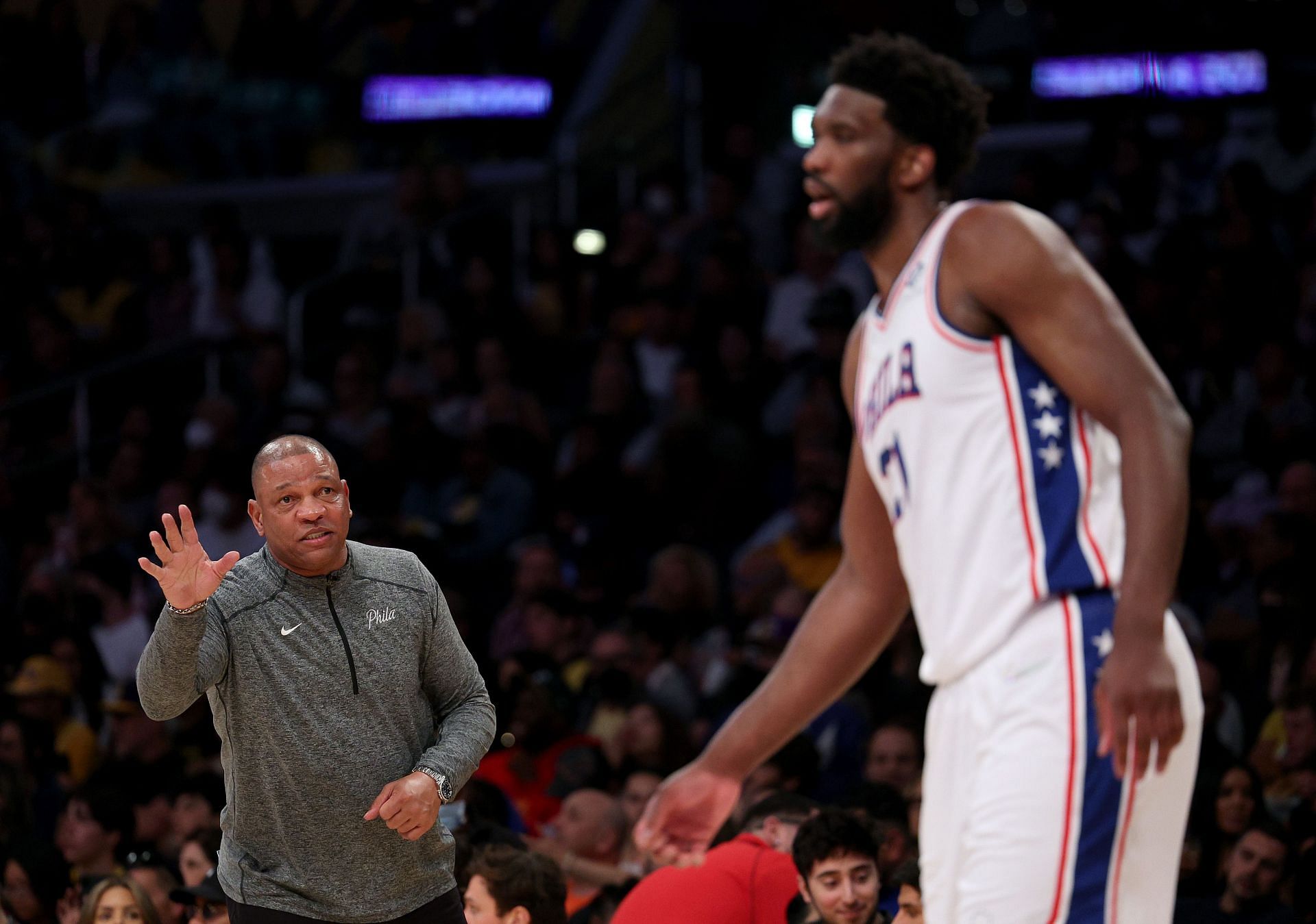 Philadelphia 76ers head coach Doc Rivers (left) reacts during his side&#039;s match against the Los Angeles Lakers