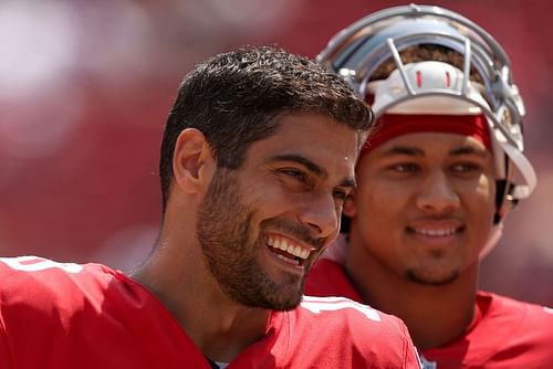 San Francisco 49ers quarterbacks Jimmy Garoppolo and Trey Lance