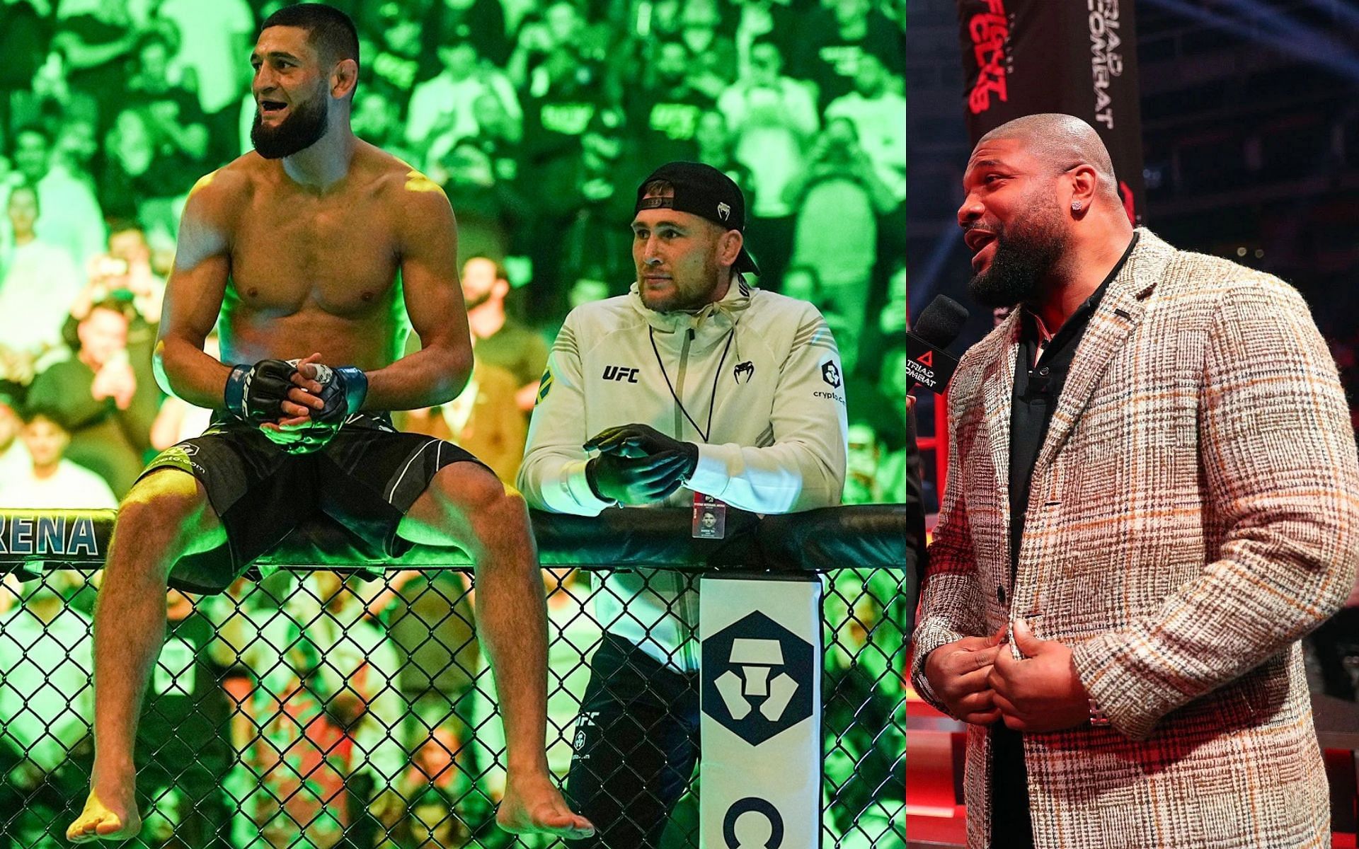 Khamzat Chimaev (left) with Darren Till, Quinton &#039;Rampage&#039; Jackson (right) [Images courtesy of @espnmma Instagram and Getty]