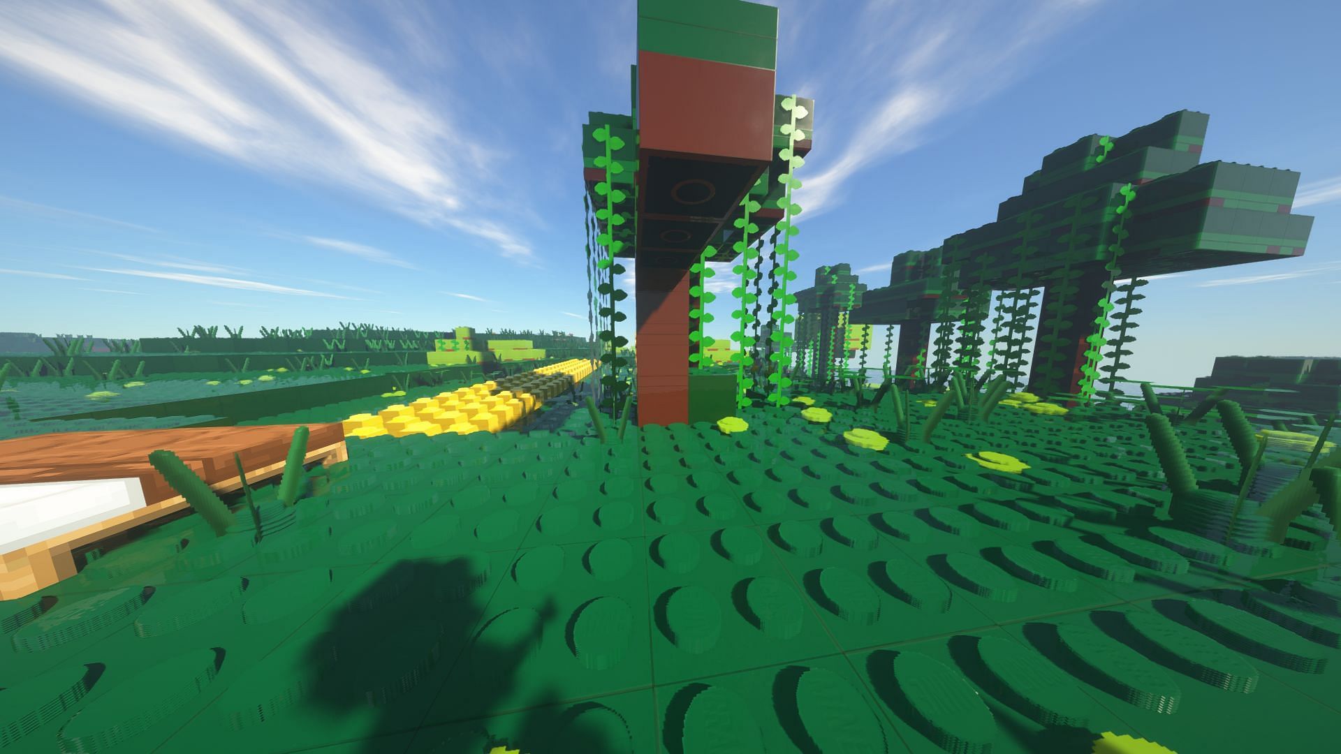 Grass blocks, wheat, and dirt blocks in MineBricks (Image via Minecraft)