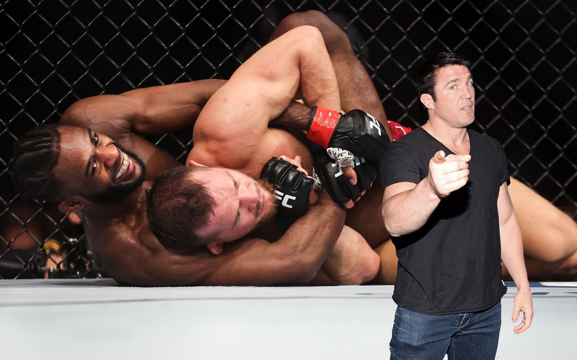 Aljamain Sterling (left), Petr Yan (center), and Chael Sonnen (right) (Images via Getty)