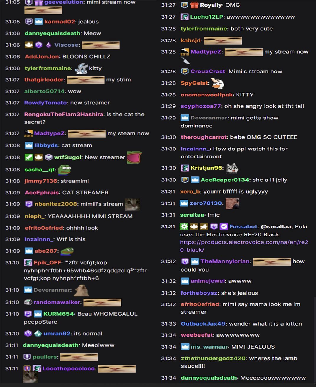 Fans reacting to the cats on stream (Image via Pokimane/Twitch chat)