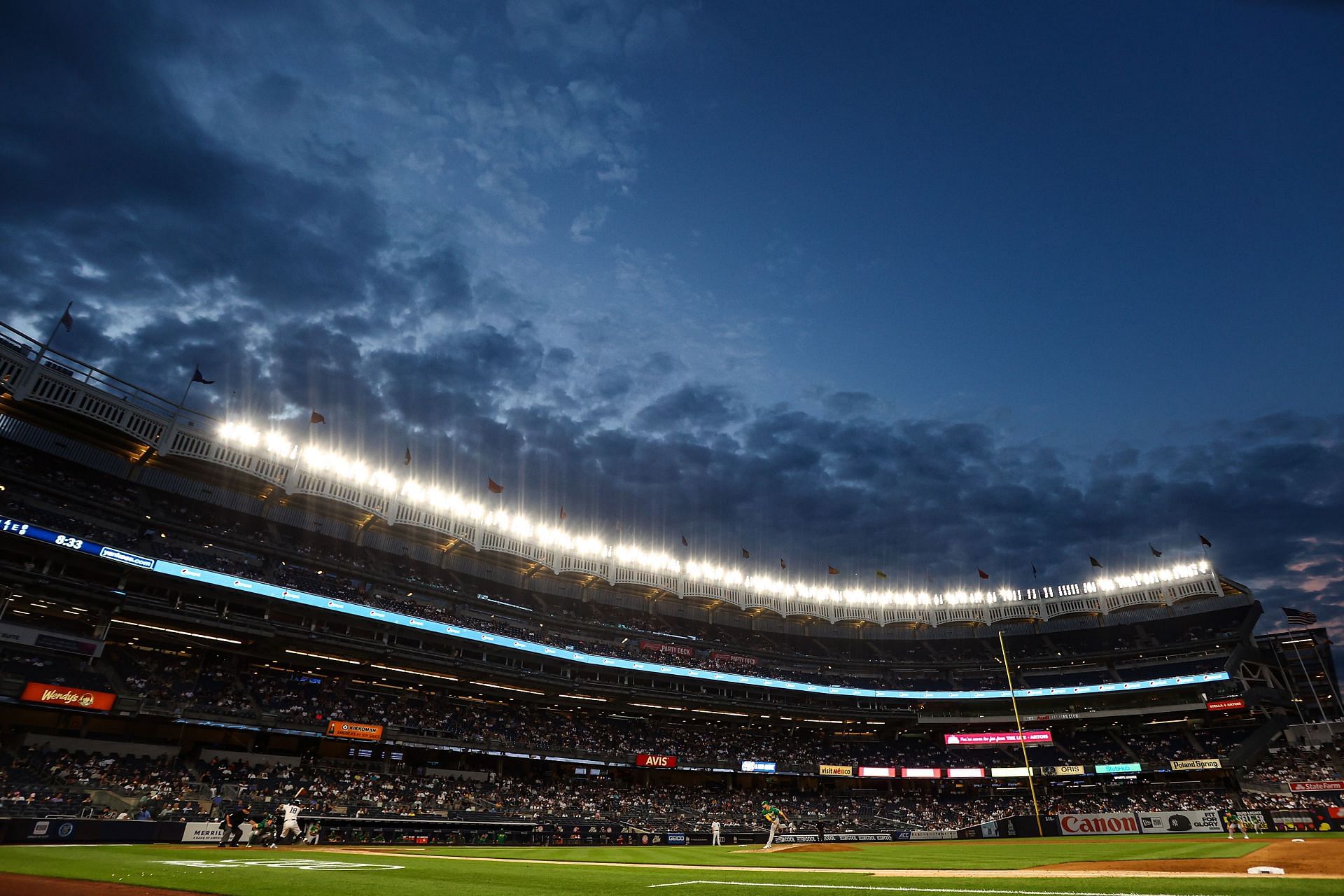 A nighttime view of the New Yankee Stadium