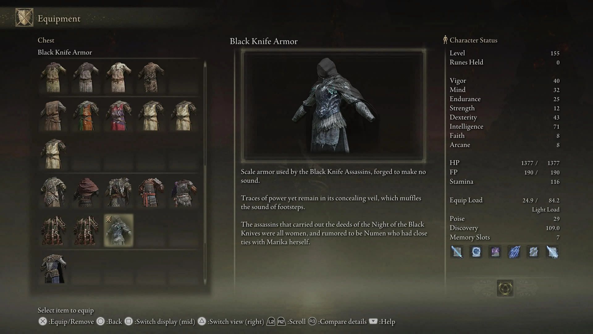 A look at the Black Knife Armor in Elden Ring (Image via FromSoftware Inc.)