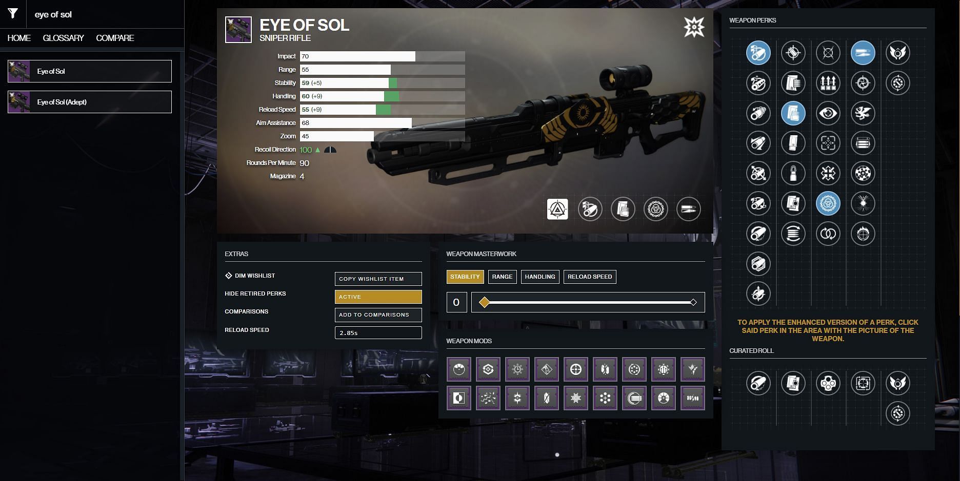 Eye of Sol PvE perk combination that players can go for (Image via Destiny 2 Gunsmith)