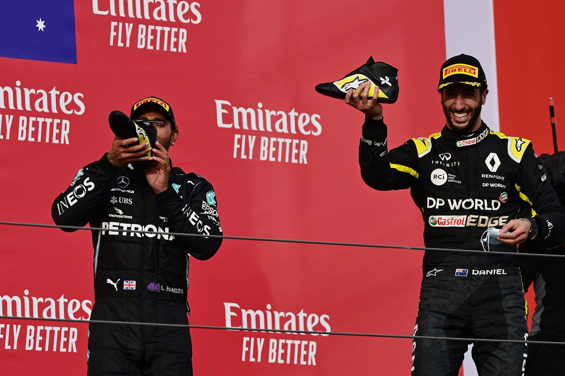 F1 Grand Prix of Emilia Romagna - Lewis Hamilton (left) drinks out of Daniel Ricciardo&#039;s (right) shoe