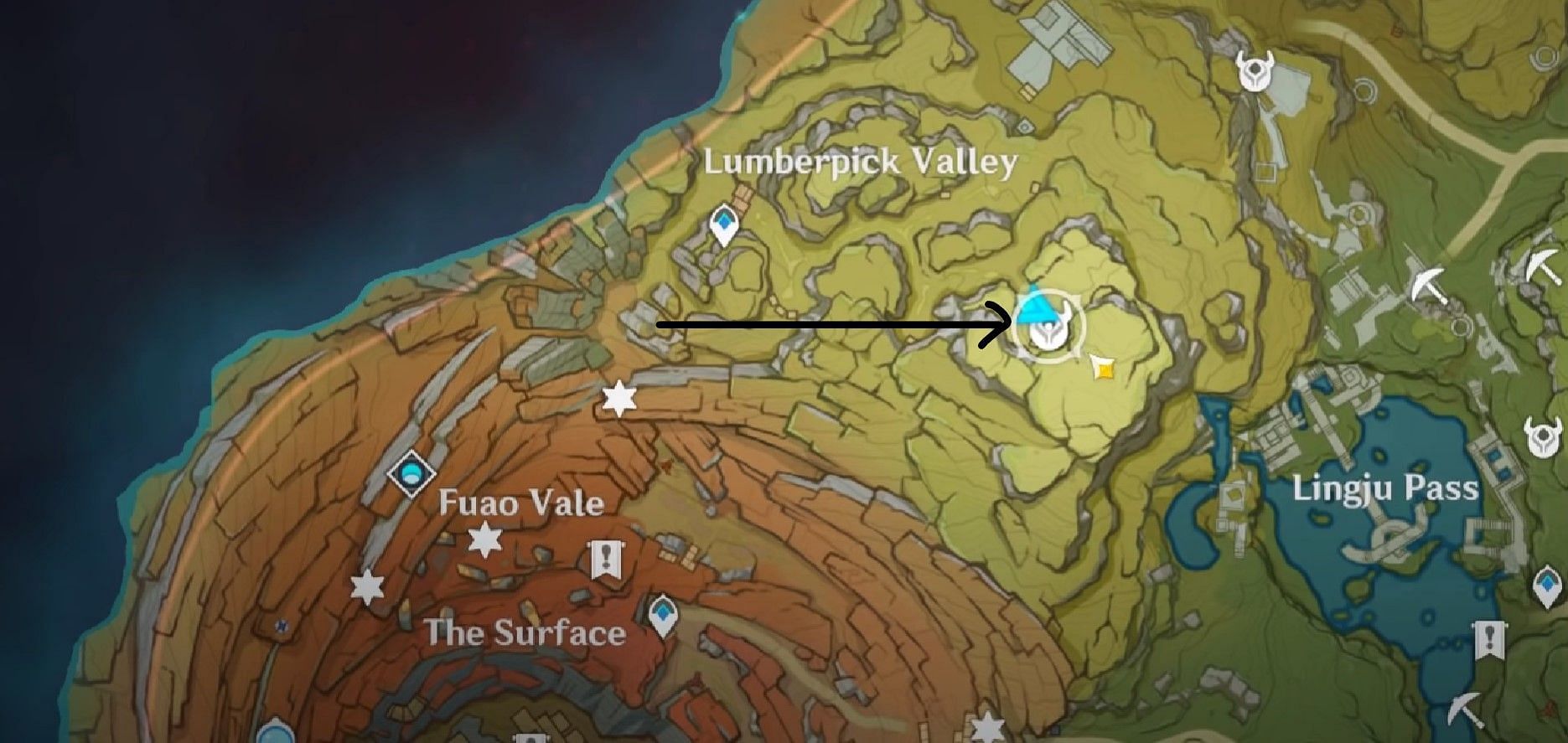 Location of the second map fragment near Lumberpick Valley (Image via Genshin Impact)