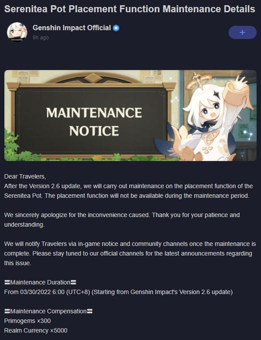 Genshin Impact Teapot maintenance All you need to know