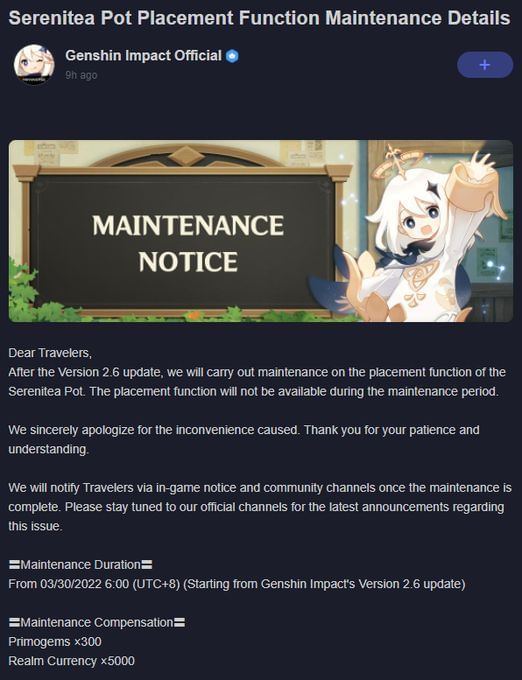 Genshin Impact Teapot maintenance All you need to know