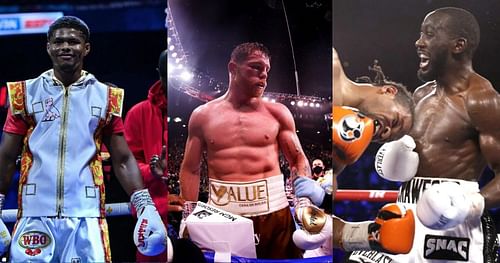 Shakur Stevenson (left), Canelo Alvarez (center), and Terence Crawford (right)