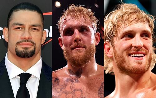 Roman Reigns (left), Jake Paul (center), Logan Paul (right)