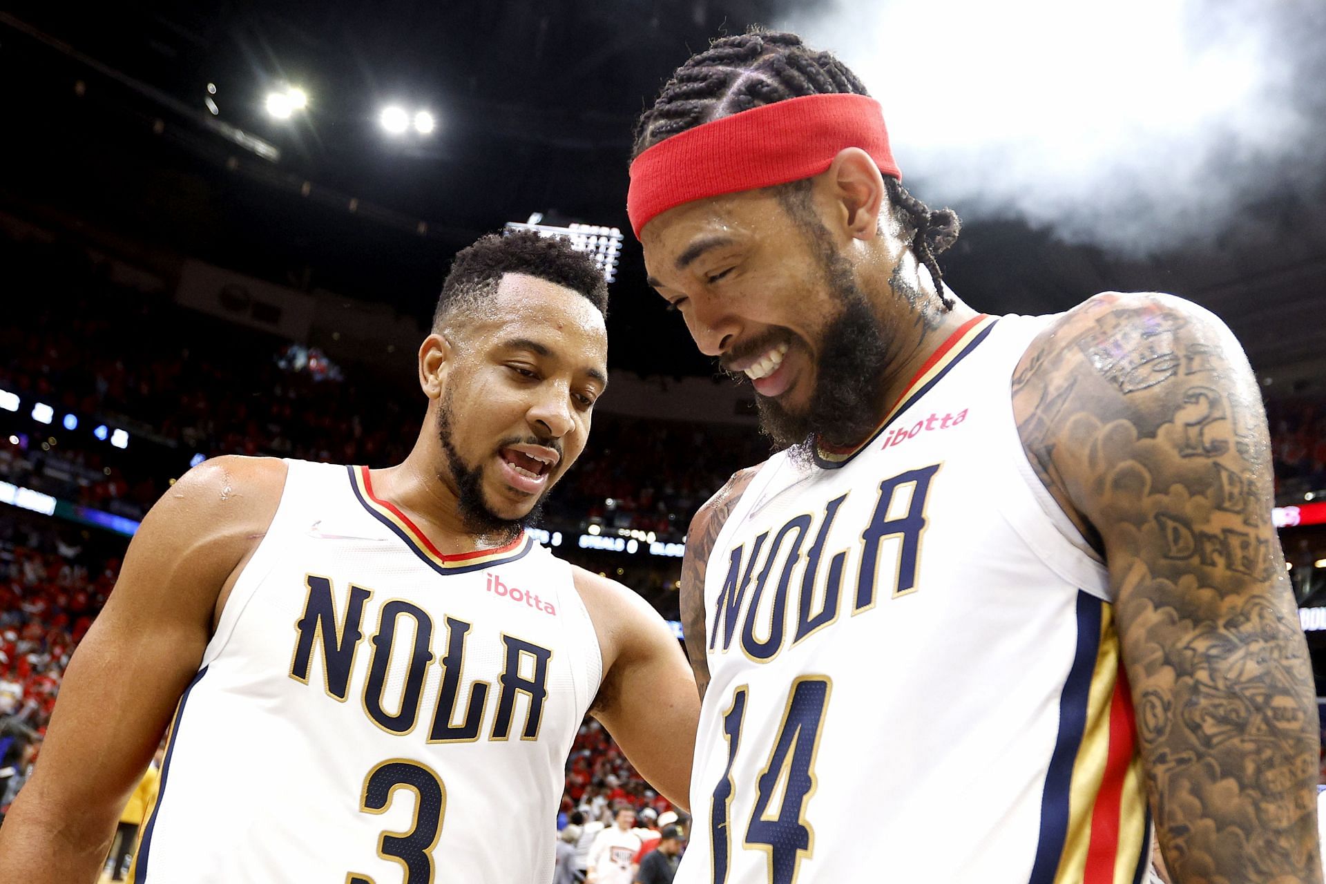 CJ McCollum and Brandon Ingram of the New Orleans Pelicans in the NBA Play-In Tournament