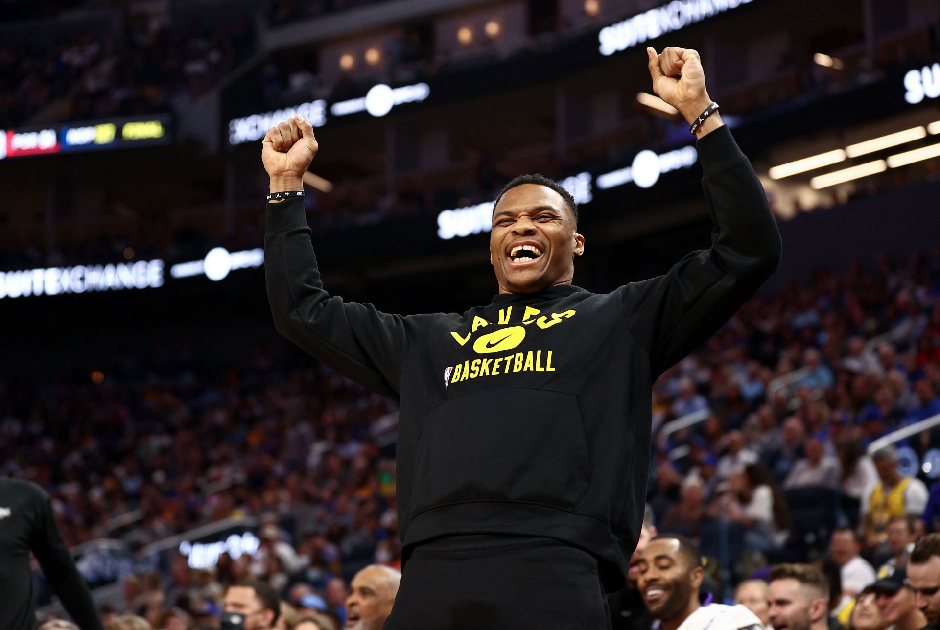 Russell Westbrook No. 0 of the LA Lakers cheers on his team during a game Golden State Warriors.