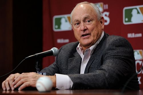 Nolan Ryan speaks to press after a Detroit Tigers vs. Texas Rangers 