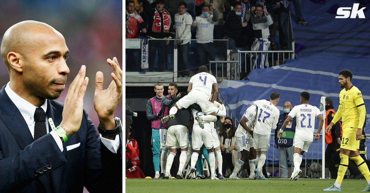 [L-to-R] Thierry Henry; Real Madrid players celebrate during their match against Chelsea.