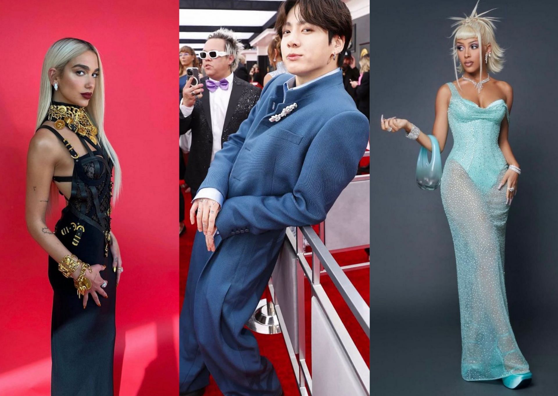 A still of the global celebrities, left (Dua Lipa), center (Jungkook), right (Doja Cat) (Image via @jungkook_bighitentertainment/@dojacat/@dualipa/Instagram)