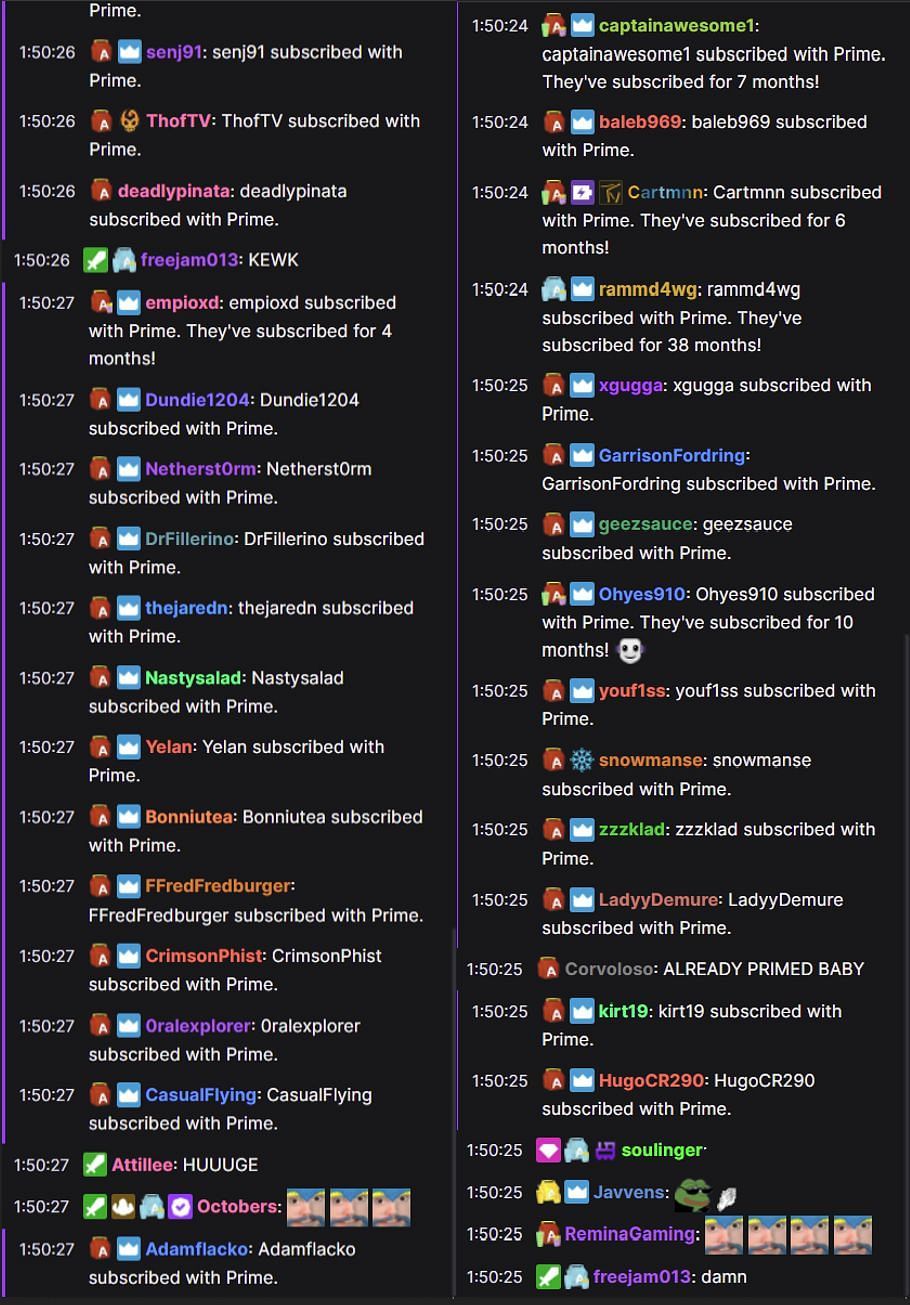 A wall of Twitch Prime subscriptions after McConnell rallied the Twitch chat (Image via Asmongold/Twitch Chat)