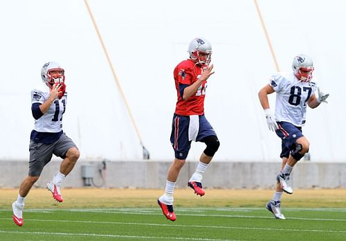 Tom Brady, Rob Gronkowski, and Julian Edelman at New England Patriots' practice session