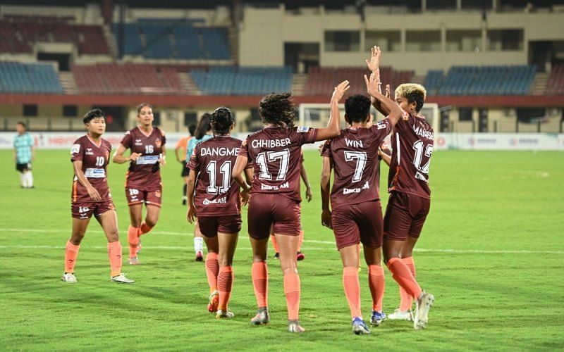 Gokulam Kerala FC players celebrating their win against PIFA Sports FC. (Image Courtesy: Twitter/IndianFootball)