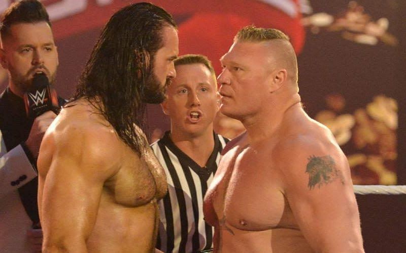 Lesnar and McIntyre before their match at WrestleMania 36