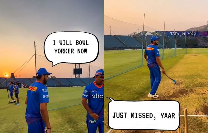 "Just missed yaar!" - MI share hilarious video of Rohit Sharma throwing down a short ball after promising a yorker